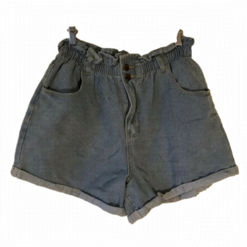 high waist women’s denim jean shorts. Elastic waist. Size XL. Plaid & Plain